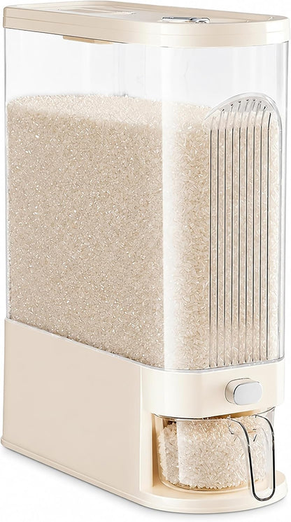 Slim Rice Dispenser with Manual Date Tracker, 22 Lbs Large Grain Storage Container for Kitchen Gap, 4.72" Wide Narrow Rice Bin with Measuring Cup, Beige