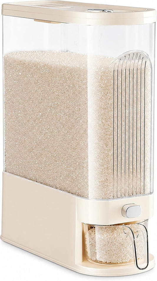 Slim Rice Dispenser with Manual Date Tracker, 22 Lbs Large Grain Storage Container for Kitchen Gap, 4.72" Wide Narrow Rice Bin with Measuring Cup, Beige