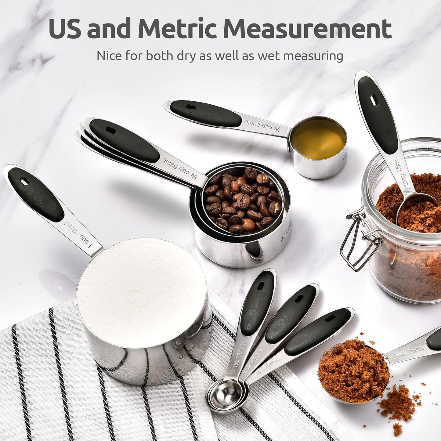U-Taste 12 Piece Measuring Cups and Spoons Set in 18/8 Stainless Steel : 7 Measuring Cups & 5 Measuring Spoons