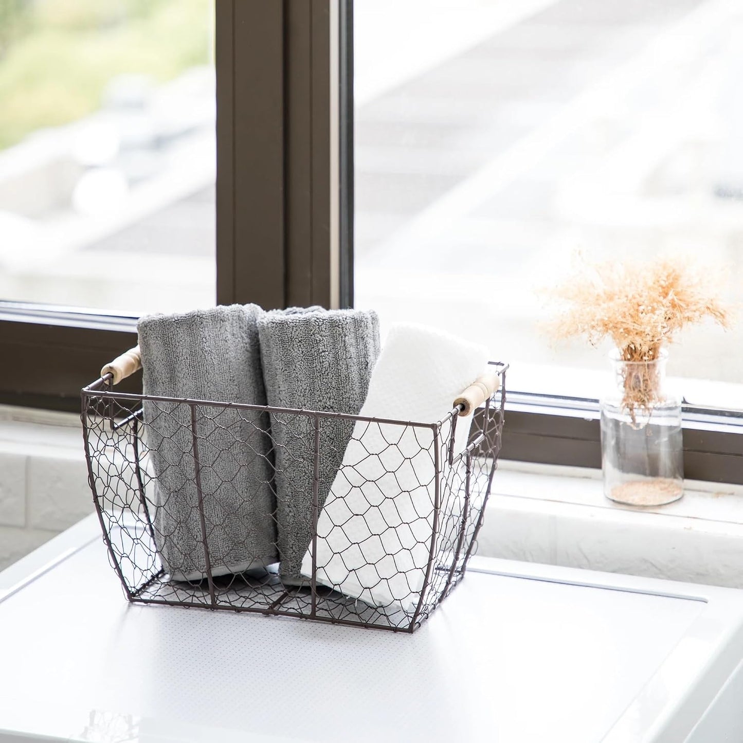 Decorative Brown Chicken Wire Basket with Wood Handles. 12.2x8x7.28