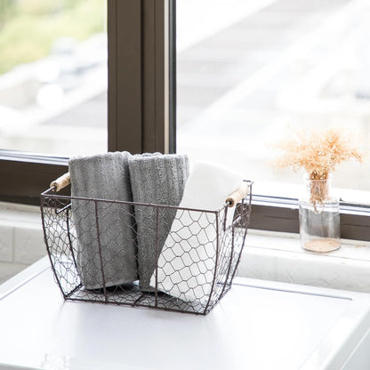 Decorative Brown Chicken Wire Basket with Wood Handles. 12.2x8x7.28