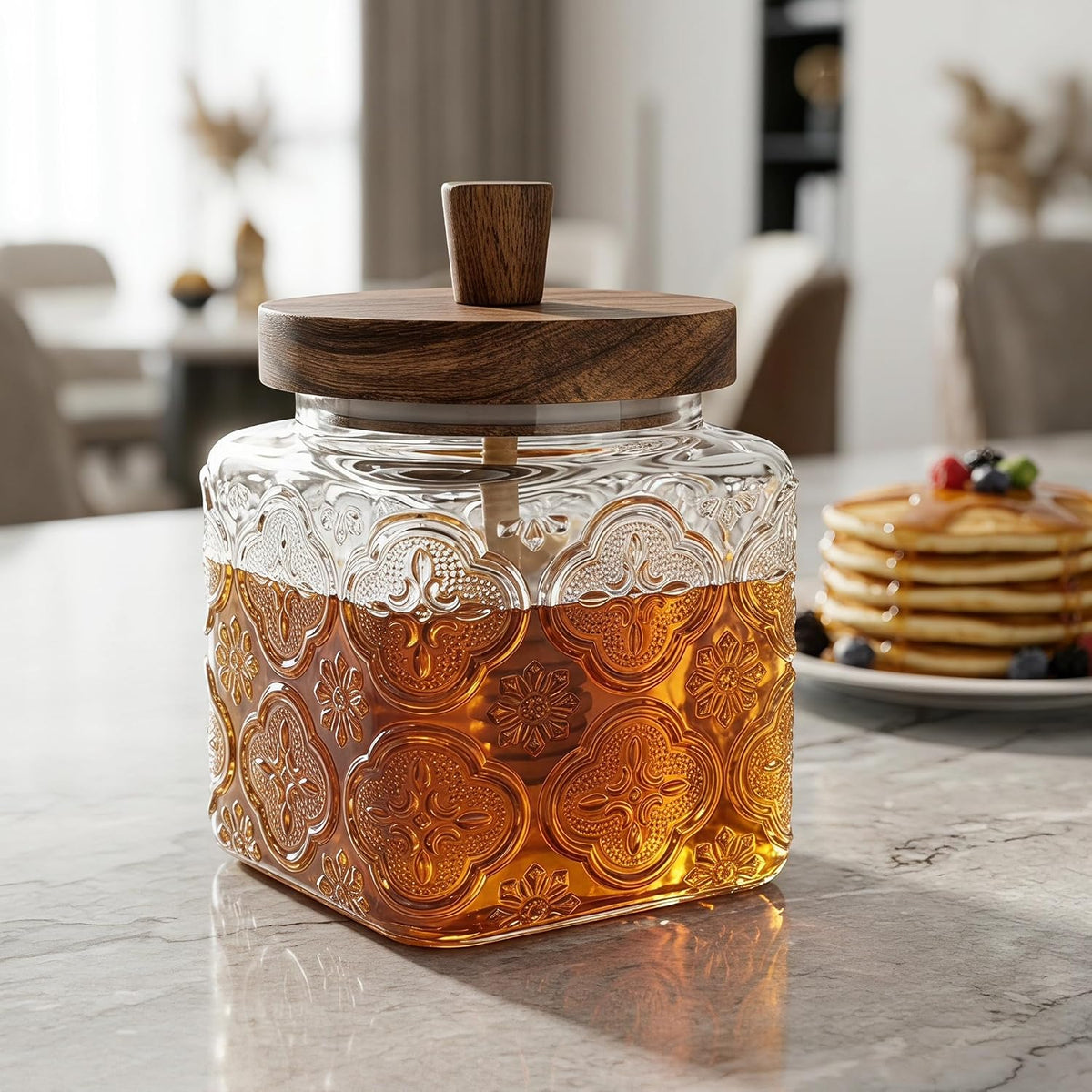 17 oz glass honey jar with wooden dipping spout and lid, sealed honey dispenser, kitchen wide mouthed honey pot, rural glass honey jar with dipping spout stick