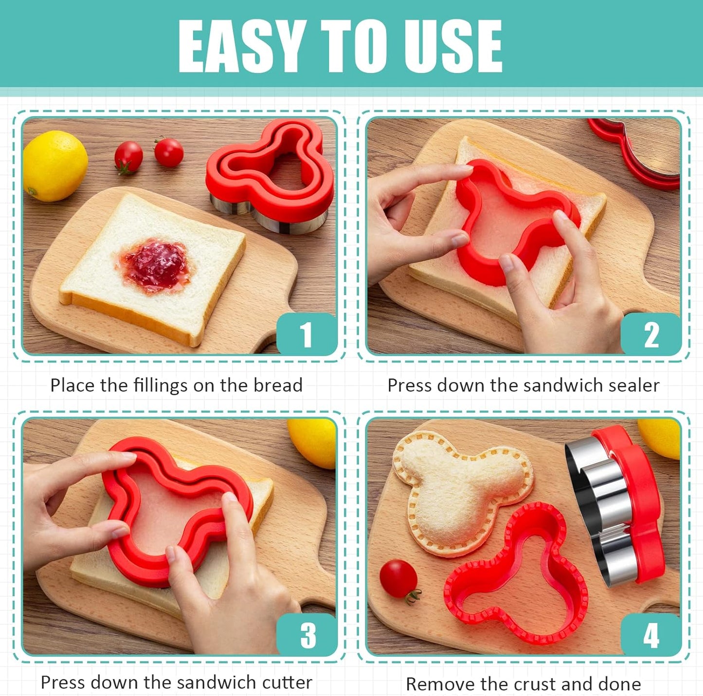 20Pcs Sandwich Cutter and Sealer Set for Kids, Decruster Maker Holiday Heart Cookie Cutters Fruit Vegetable Shapes Boys & Girls Bento Lunch Box with Mickey Mouse Dinosaur Star, etc