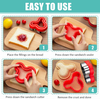 20Pcs Sandwich Cutter and Sealer Set for Kids, Decruster Maker Holiday Heart Cookie Cutters Fruit Vegetable Shapes Boys & Girls Bento Lunch Box with Mickey Mouse Dinosaur Star, etc