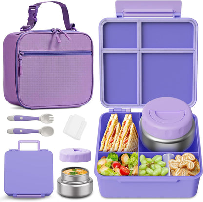 Bento Box for Kids with Thermo Food Container (9oz), 4-Compartment Lunch Box, Adjustable Divider, Leakproof Bento Lunch Box, Includes Utensils & Carry Bag for School, Office(Blue)
