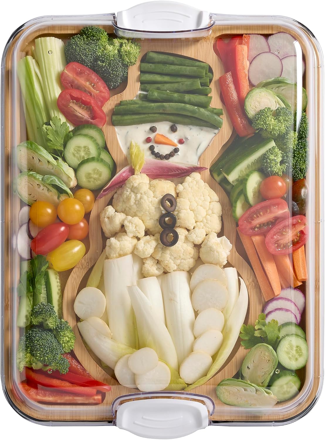 Farberware Build-A-Board Bamboo Cutting Board with Built-In Compartments & Clear Locking Lid, Black Handles, Charcuterie, Snack Tray, Food Prep and Serving Platter