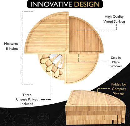 Perlli Bamboo Cheese Board & Knife Set, Large Folding 18 Inch Round Wood Rotating Charcuterie Board Set Cheese Meat Wine Serving Tray Platter, Home Decor