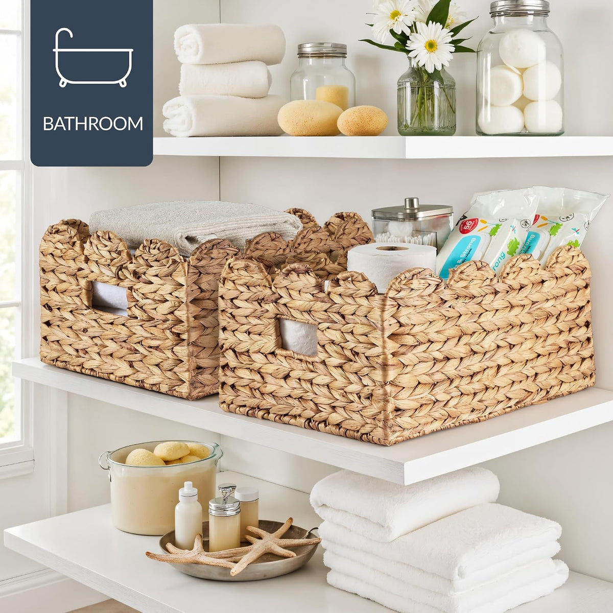 Best Choice Products 9x12 Scalloped Shelf Baskets, Woven Storage Bins, Storage Organizers for Pantry, Living Room, Bedroom, Nursery & Laundry, 4 Pack - Natural with White Trim