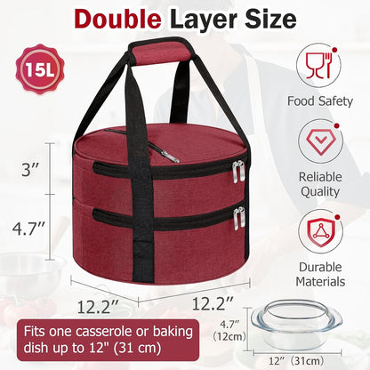 Round Insulated Casserole Carrier – 12" Portable Pie Carrier Bag for Hot or Cold Food, Leakproof Thermal Lunch Tote with Handle for Parties Picnic & Travel - Grey