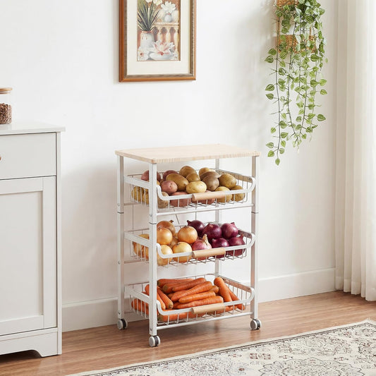 JAQ Slide Out Fruit Vegetable Basket for Kitchen, 4-Tier Rolling Storage Cart with Wooden Handle & Top, Metal Wire Produce Rack for Pantry Organization, Onion Potato Storage Bins for Small Space,White