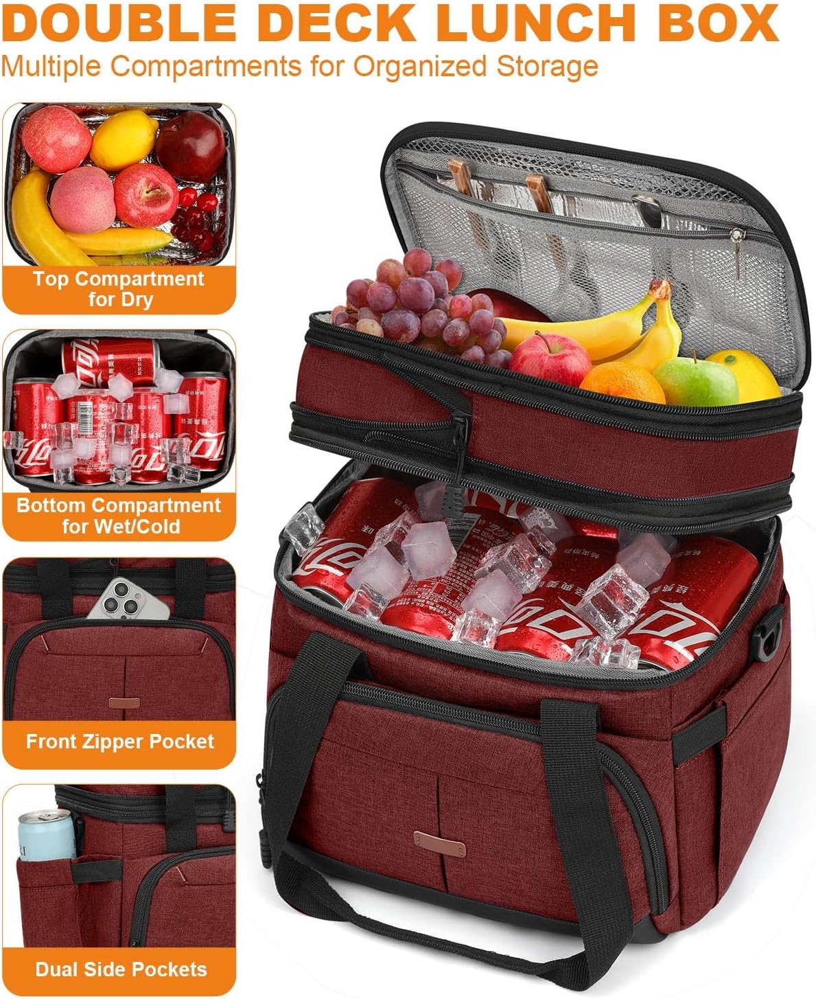 Pritent Lunch Box For Men Women Double Deck Insulated Lunch Bag For Men Woman Leakproof Expandable Cooler Bag with Adjustable Shoulder Strap for Kids Shool Work Picnic Camping(Beige,Large)