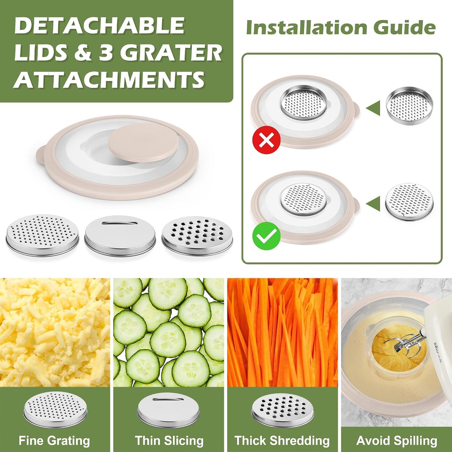 TeamFar Mixing Bowls, Stainless Steel Nesting Salad Bowls with Lids Set of 3 & 3 Grater Attachments, For Mixing/Serving/Storing, Non-toxic & Long-lasting, Size 4.6/3 / 1.5 QT, Black