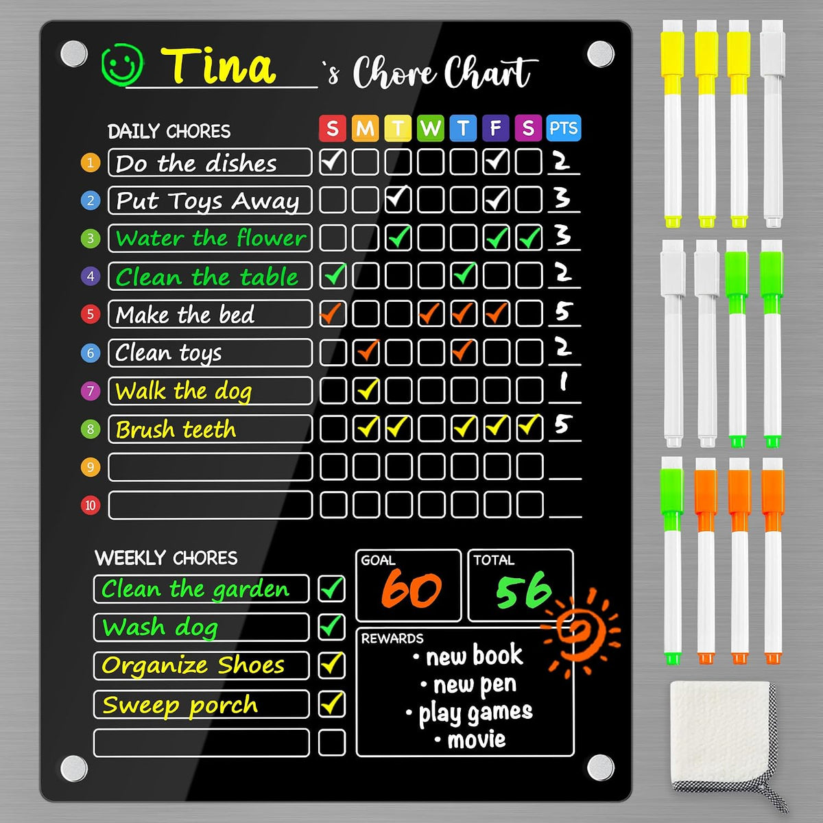 PigPotParty 2-in-1 Acrylic Magnetic Chore Chart for 2 Kids, Couples, Roommates, 15"x11" Large Dry Erase Chore Board for Fridge, Clear Weekly & Daily Reward Chart, Includes 12 Markers & Towel