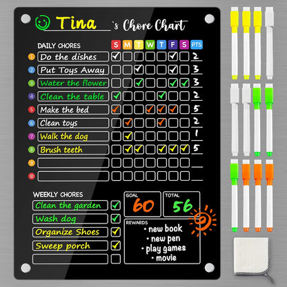 PigPotParty 2-in-1 Acrylic Magnetic Chore Chart for 2 Kids, Couples, Roommates, 15"x11" Large Dry Erase Chore Board for Fridge, Clear Weekly & Daily Reward Chart, Includes 12 Markers & Towel