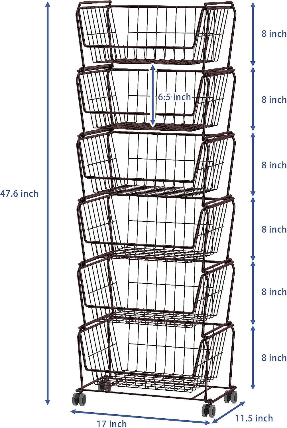 PUSDON 4-Tier Spacious Stackable Wire Storage Baskets with Wheels, Metal Rolling Utility Cart Organizer, Fruit and Vegetable Produce Basket for Kitchen Pantry, Everyday Bathroom Shelf, Silver Grey