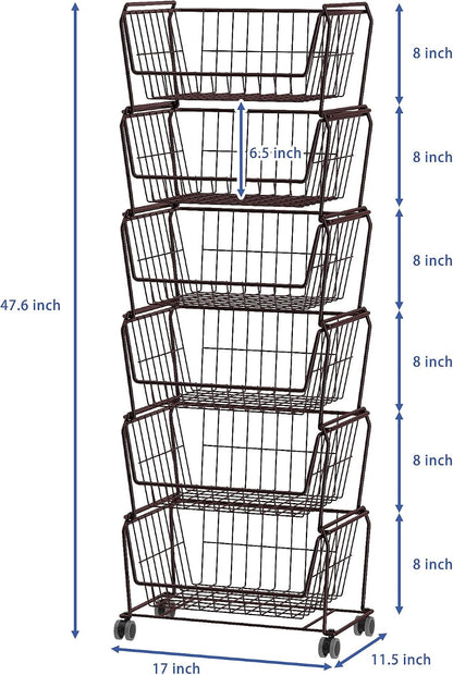 PUSDON 4-Tier Spacious Stackable Wire Storage Baskets with Wheels, Metal Rolling Utility Cart Organizer, Fruit and Vegetable Produce Basket for Kitchen Pantry, Everyday Bathroom Shelf, Silver Grey