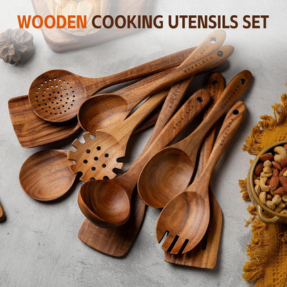 Wooden Spoons for Cooking, Natural Teak Wooden Kitchen Utensils Set Wooden Utensils for Cooking Wooden Cooking Utensils Wooden Spatulas for Cooking (10)