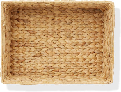 Casafield Set of 4 Water Hyacinth Pantry Baskets, 10" x 13" x 5", with Chalkboard Labels and Chalk Marker - Natural, Woven Storage Bin Organizers for Kitchen Shelves