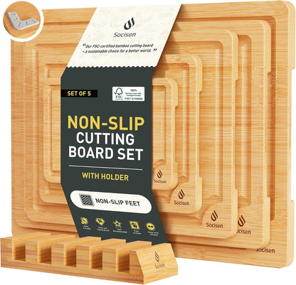 3 Packs Bamboo Cutting Board Set with Non Slip Feet Holder and Over Sink Nice Solid Thick Wood Juice Groove Chopping Board Extra Large Big Small Best Hardwood Kitchen Organic Vegetable Meat BBQ Kit