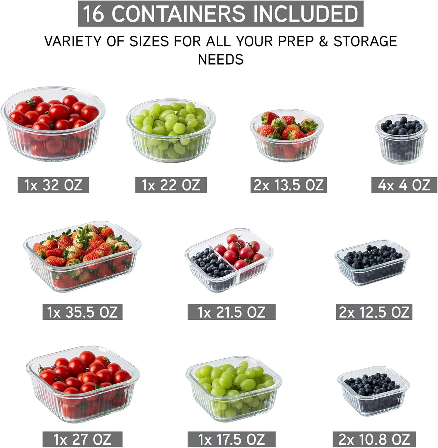 COOK WITH COLOR Premium 32-Pc. Borosilicate Glass Food Container Set with Dividers - 4 Rectangles, 8 Rounds, 4 Squares - Leakproof Lids - Meal Prep, Storage, Grey