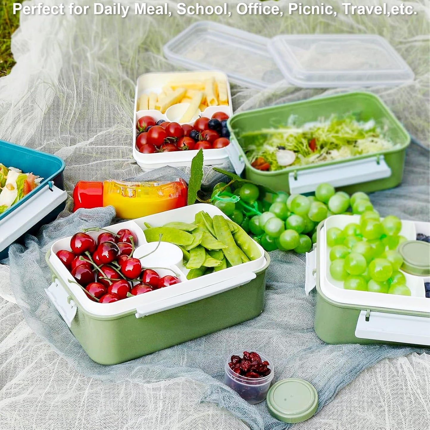 3 Pack Salad Lunch Box Food Storage Containers, 47oz Bento Box To Go Container with Lids, Reusable Meal Prep Containers with Removable Tray & Dressing Pots for Kids and Adults, Microwave Safe
