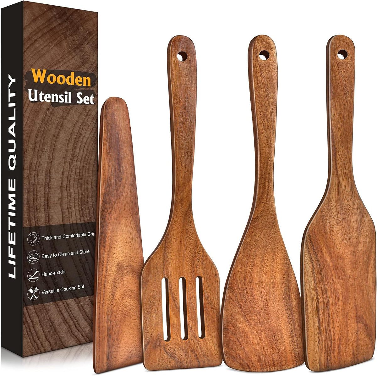 Wooden Spatula, Acacia Solid & Slotted Turner Spatula Set, Long Handle Flat Frying Spatulas, Ideal Kitchen Gift for Mother and Grandma, Kitchen Utensils Set for Cooking, Frying, Baking