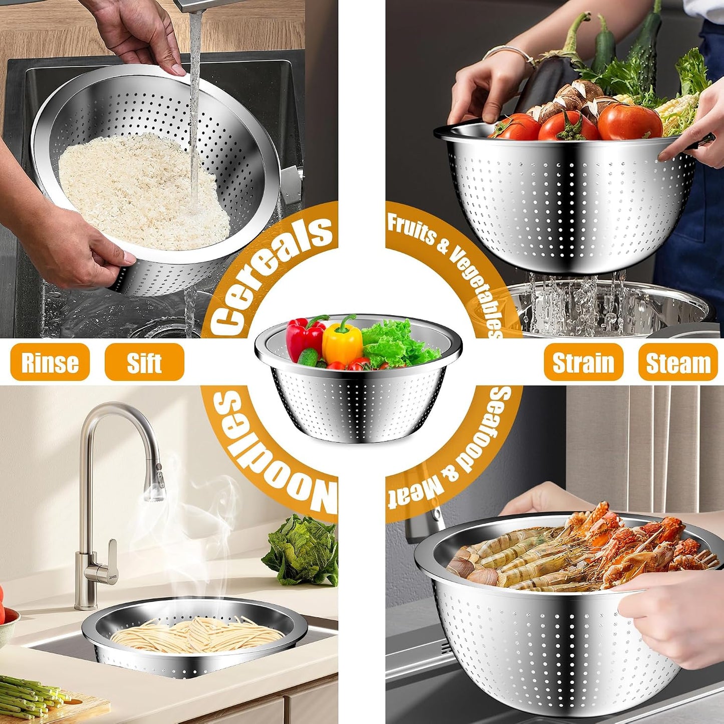 Mixing Bowls with Lids Set, 16PCS Stainless Steel Mixing Bowls,Nesting Storage Bowls for Kitchen with Mixing Bowls Set, Colander, Strainer & Grater , Metal Salad Bowl for Kitchen Gadgets , Cream
