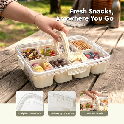 KRYSO 8-in-1 Snack Tray with Lid & Handle, Divided Serving Dishes, Trays & Platters– Leak-Proof, Portable Food Organizer Box with Silicone Seal & Removable Sections for Parties, Travel & Everyday Use