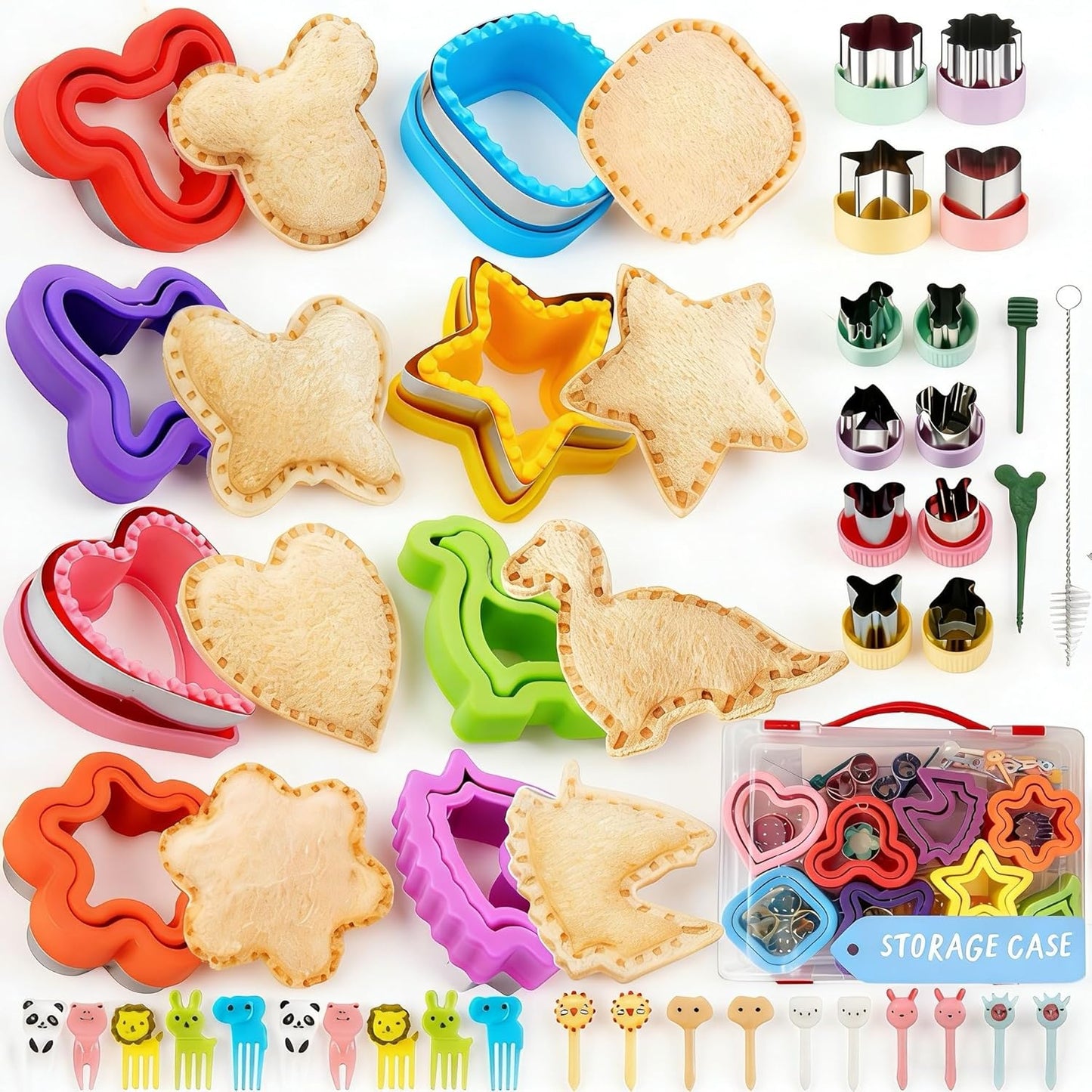 BANIC Uncrustable Sandwich Cutter, 43 Pcs Sandwich Cutter and Sealer, Crustless Sandwich Cutter Heart Star Unicorn Dino Butterfly etc, Lunch & Bento Box Accessories with Storage Container