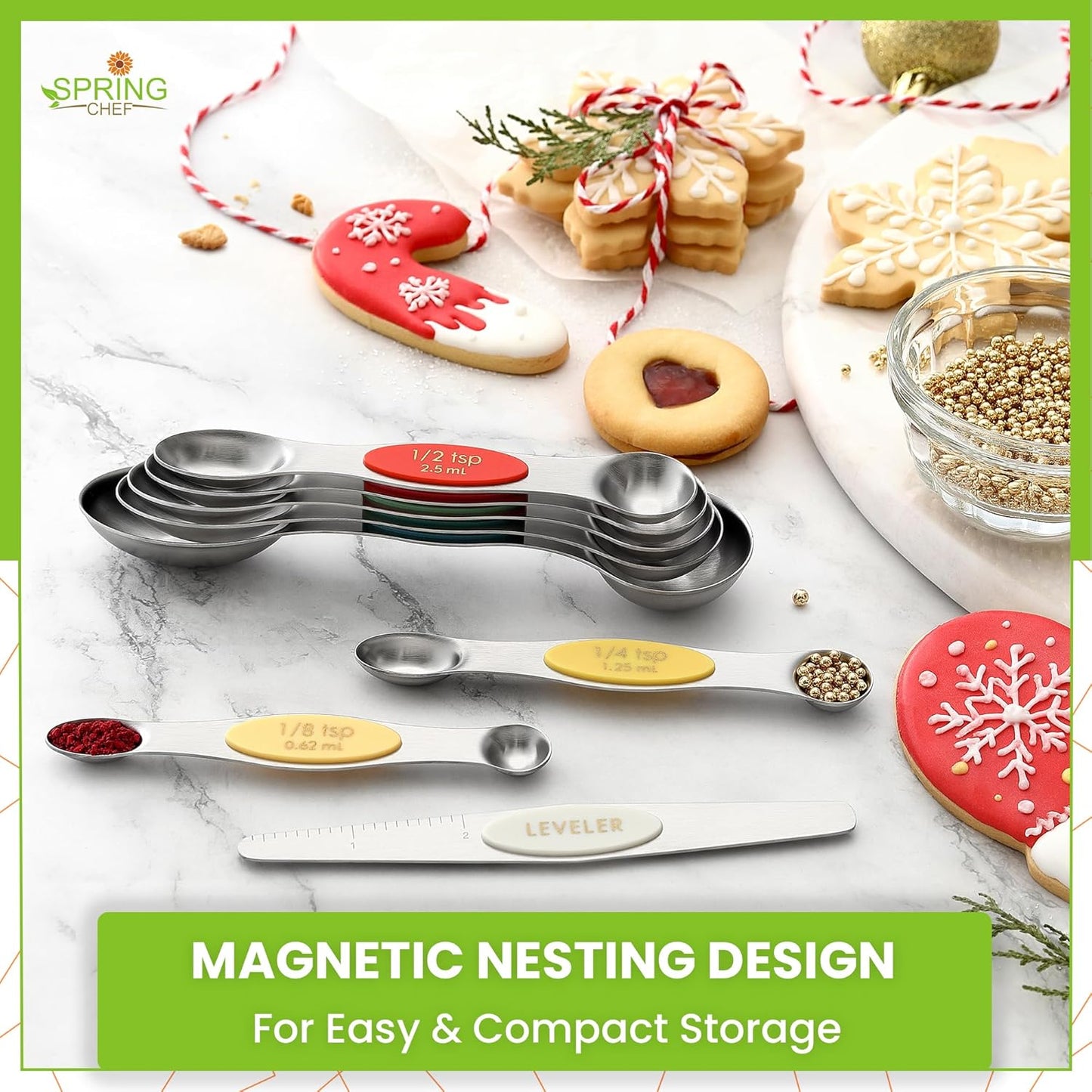 Spring Chef Stainless Steel Magnetic Measuring Spoons Set with Strong N45 Magnets, Heavy Duty Metal Kitchen Gadgets for Baking & Cooking, Fits in Most Kitchen Spice Jars, Set of 8 with Leveler, Black