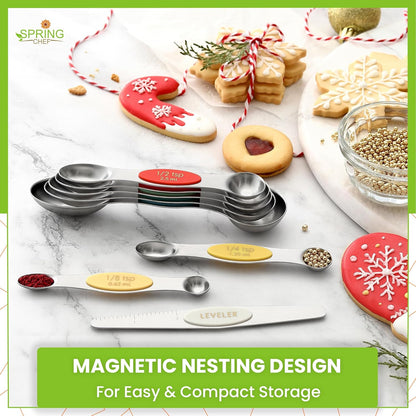 Spring Chef Stainless Steel Magnetic Measuring Spoons Set with Strong N45 Magnets, Heavy Duty Metal Kitchen Gadgets for Baking & Cooking, Fits in Most Kitchen Spice Jars, Set of 8 with Leveler, Black