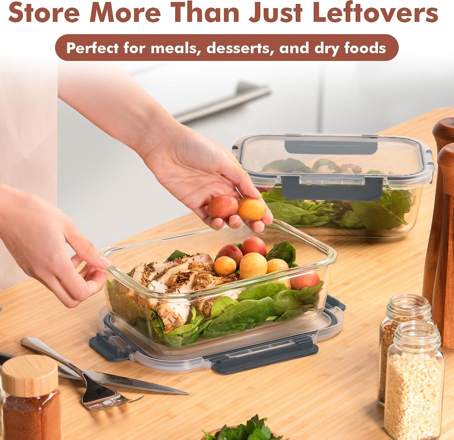 Razab 4 Pcs 1860ml / 63 Oz Large Glass Food Storage Containers with Lids - Glass Meal Prep Containers with Locking Lids for Roasting, Storing Leftover, Lunch Container, BPA Free, Microwave & Oven Safe