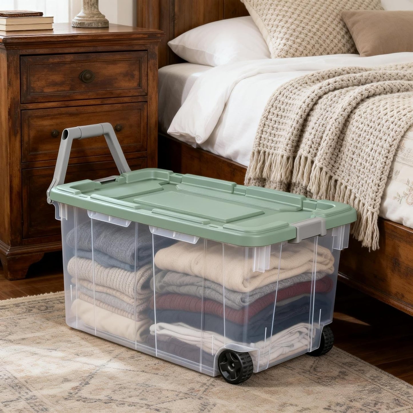 Extra Large Wheeled Storage Bin, 160 Quart Durable Clear Storage Container with Latch Lid and Pull Handle, Light Green, 2 Pack