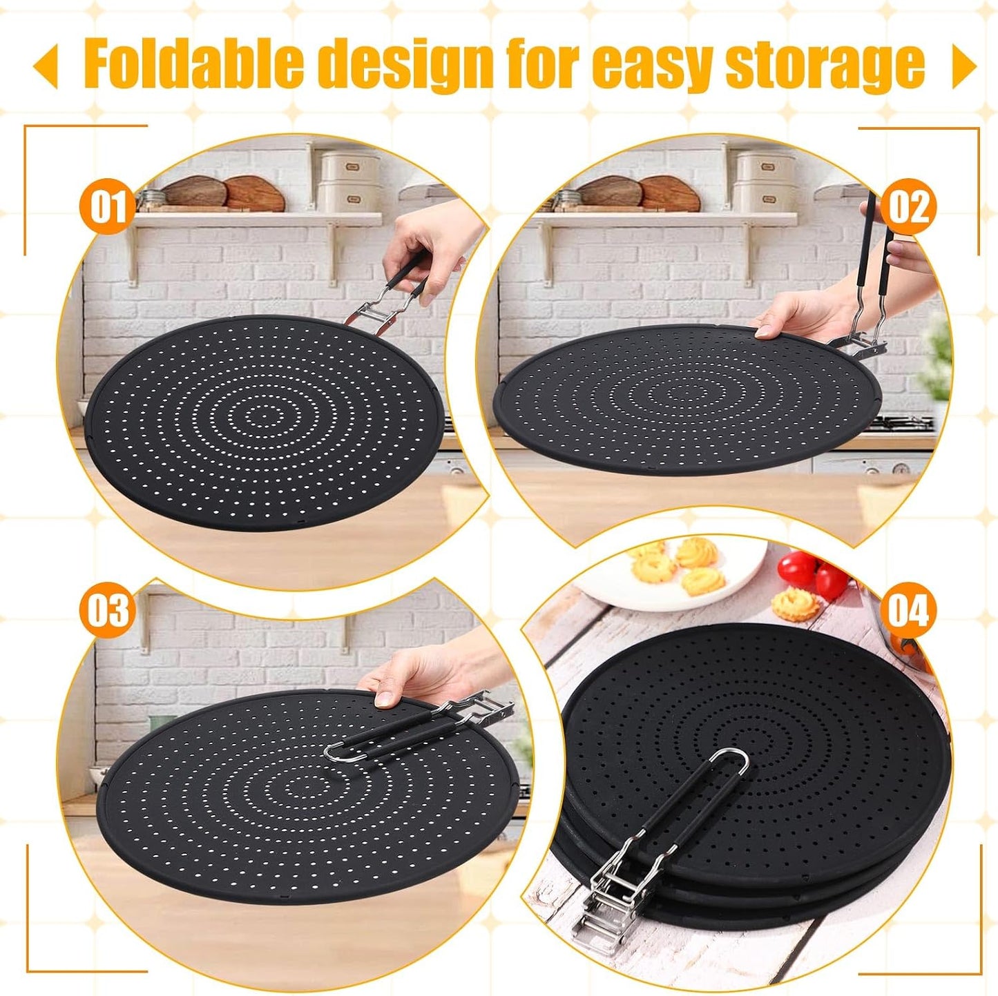 Tioncy 3 Pcs 12.6 Inch Silicone Splatter Screen for Frying Pan Grease Splatter Collapsible Guard Heat Resistant Multi Use for Baking and Cooking(Black)