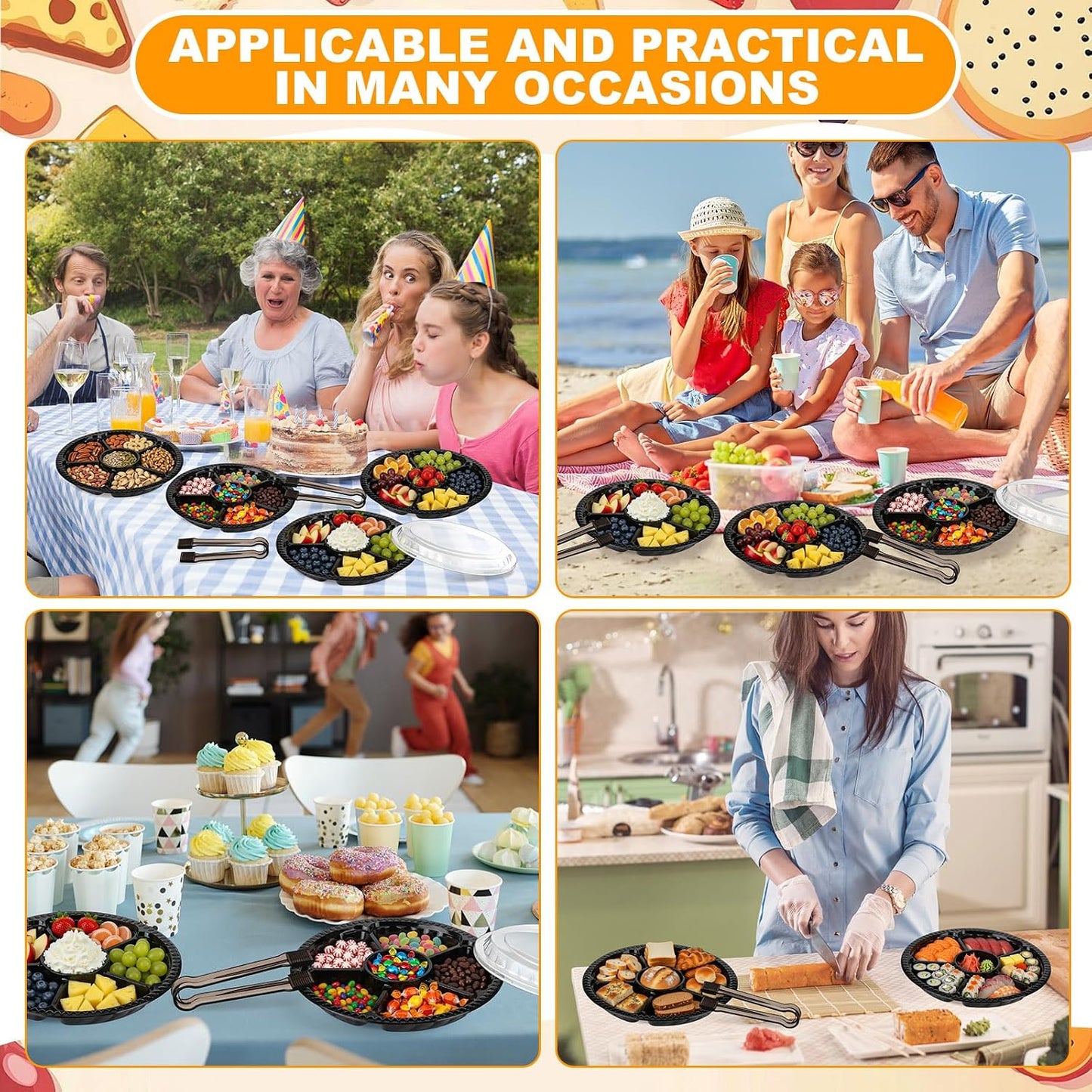 Rtteri 24 Pack 12.4 Inch Plastic Appetizer Trays with Lids and 8 Pack 6.3'' Black Serving Tongs 6 Sectional Round Plastic Serving Tray Disposable Compartment Platter for Party Fruit Snack Veggie