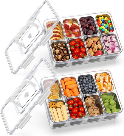 Snackle Box Container with 8 Removable Stainless Steel Containers – Clear Divided Serving Snack Tray with Lid & Handle – Leak-Proof for Wet/Dry Food – Perfect for Parties, Travel, Office