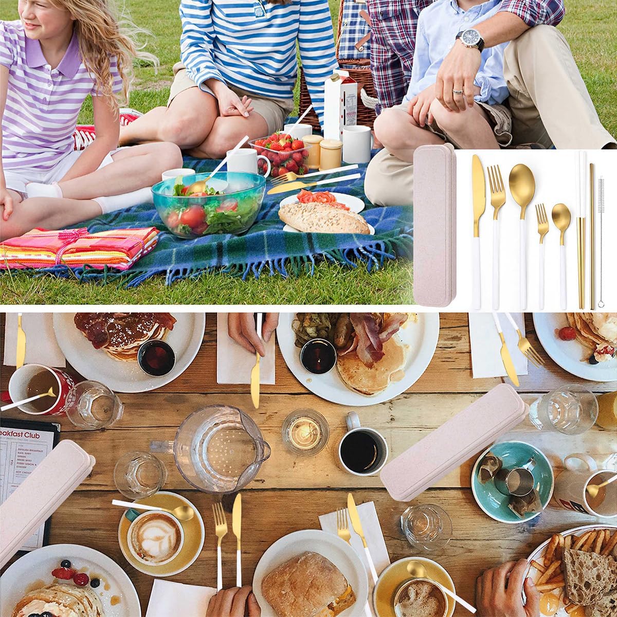 AARAINBOW 8 Pieces Stainless Steel Flatware Set Portable Reusable Cutlery Set Travel Utensils Set Including Chopsticks Knife Fork Spoon Straws Cleaning Brush Dishwasher Safe (Pink Golden)