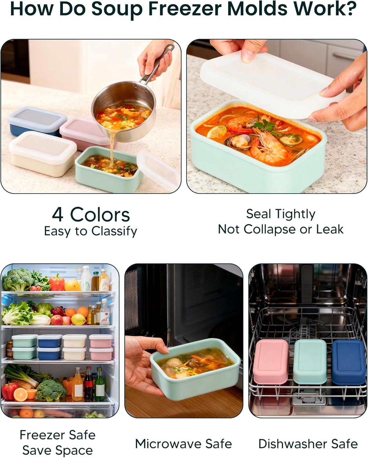 8 PCS 2 Cup Silicone Freezer Molds with Lid, Meal Prep Freezer Molds Silicone Freezer Containers Reusable Food Preserving Tray Freezing Ice Trays for Soups Sauces Stews