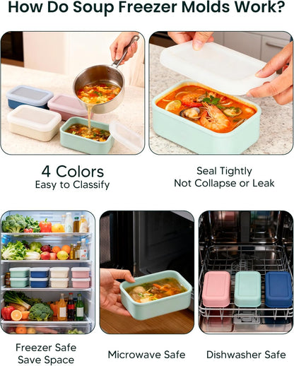 8 PCS 2 Cup Silicone Freezer Molds with Lid, Meal Prep Freezer Molds Silicone Freezer Containers Reusable Food Preserving Tray Freezing Ice Trays for Soups Sauces Stews