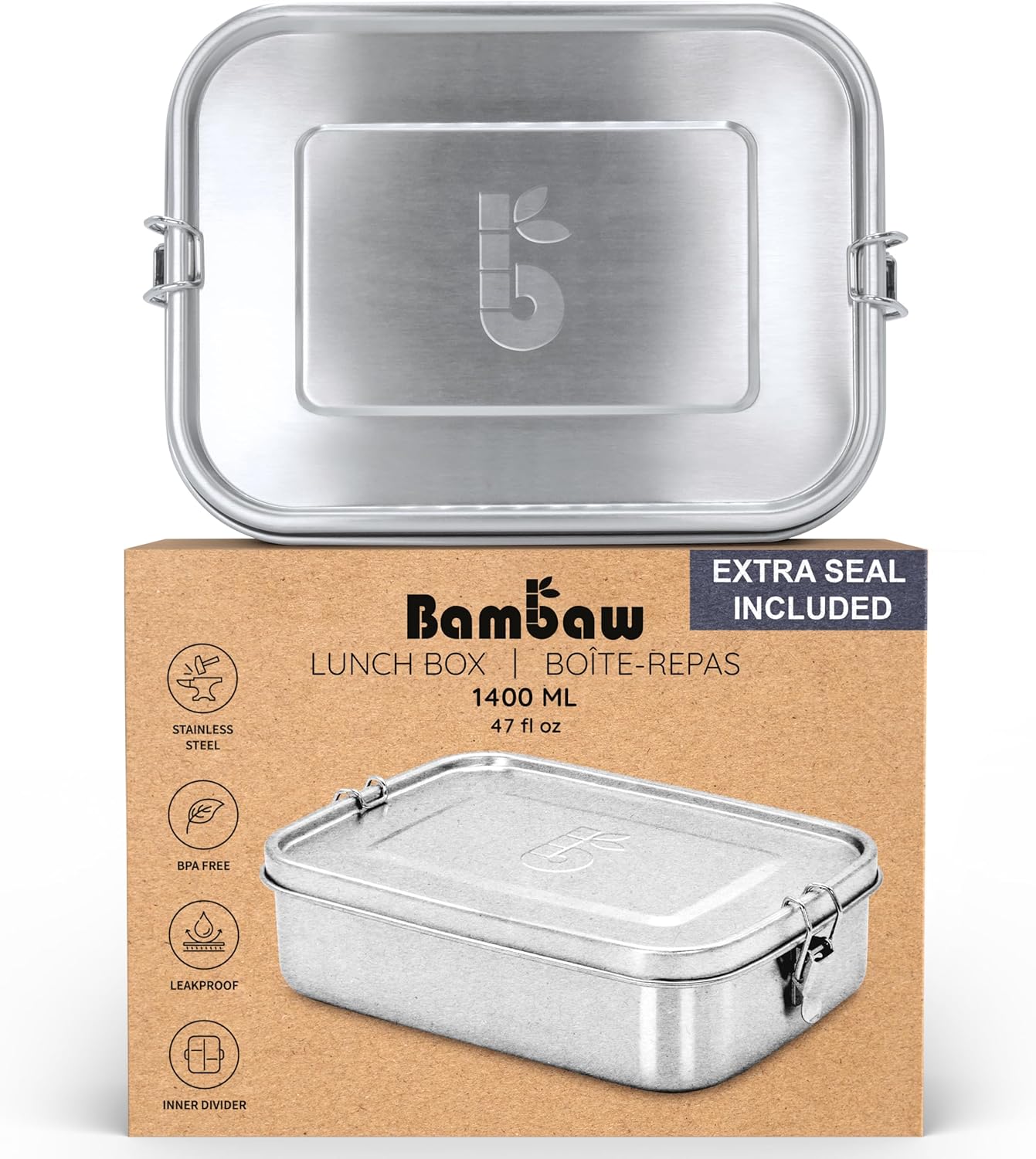 Bambaw Stainless Steel Bento Box 27 oz, Metal Lunch Box with Compartments, Leakproof Stainless Steel Lunch Container, BPA free Dishwasher Safe Metal Lunchbox