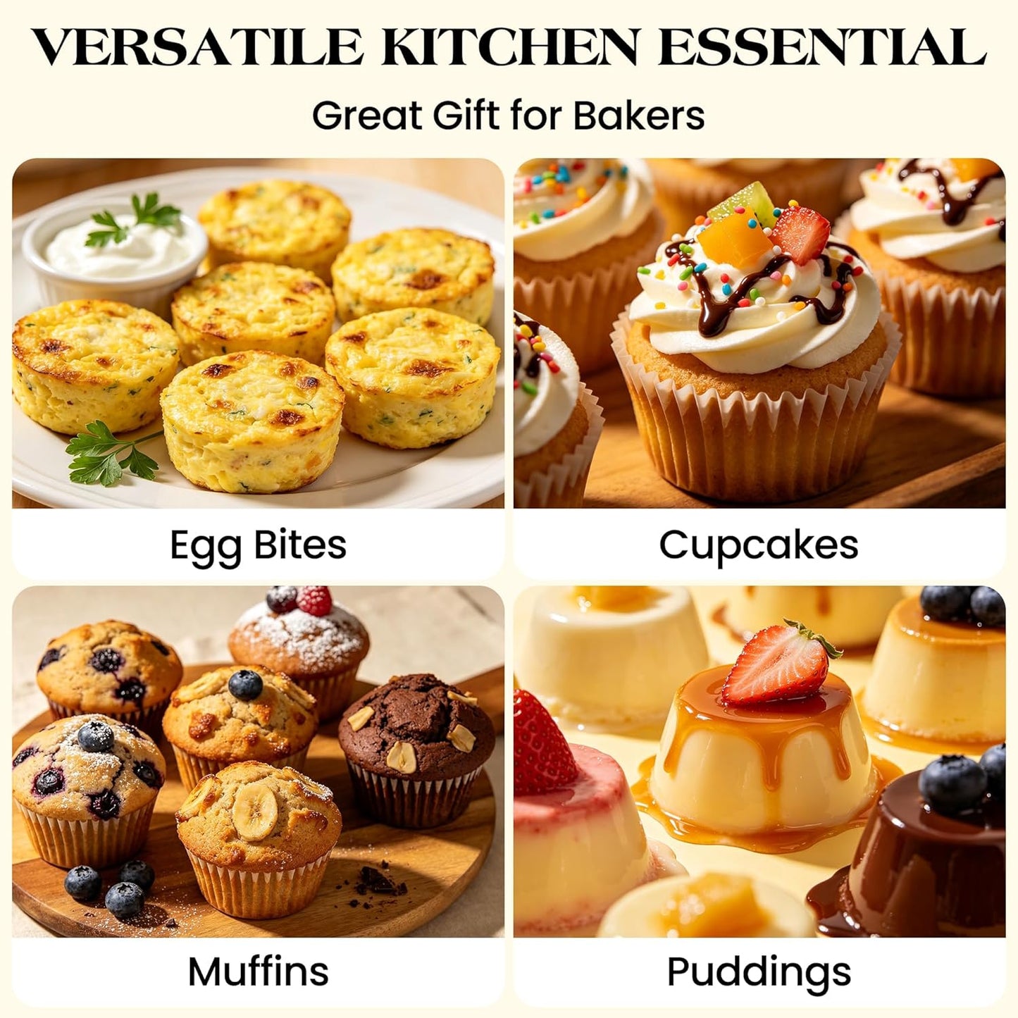 Regular 12 Cup and Mini 24 Cup Nonstick Cupcake Pan Set Silicone Muffin Pan for Baking Silicone Cupcake Mold with Metal Reinforced Frame BPA Free (2 Pcs, Cream)