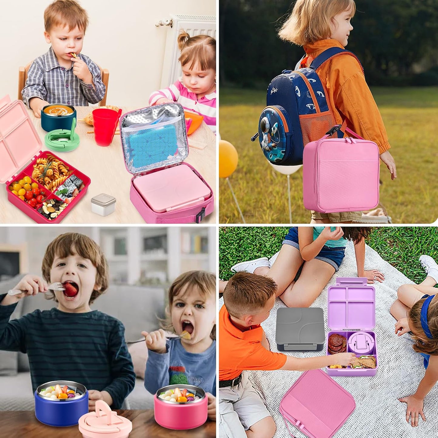 Bento Lunch Box with 8oz Soup Thermo,Kids Leakproof 4 Compartment Lunch Food Containers with Sauce Cup and Ice Pack,Kids Thermo Insulated Hot Food Jar and Lunch Bag for School,Trvael-Black
