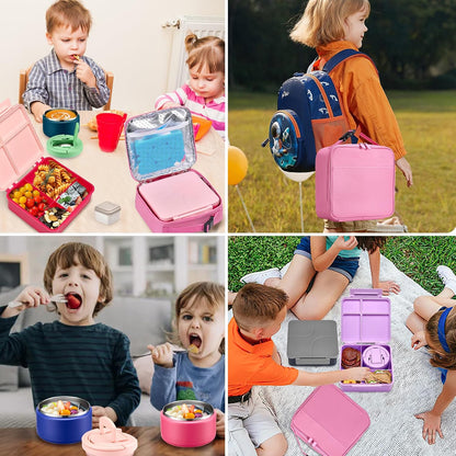 Bento Lunch Box with 8oz Soup Thermo,Kids Leakproof 4 Compartment Lunch Food Containers with Sauce Cup and Ice Pack,Kids Thermo Insulated Hot Food Jar and Lunch Bag for School,Trvael-Black