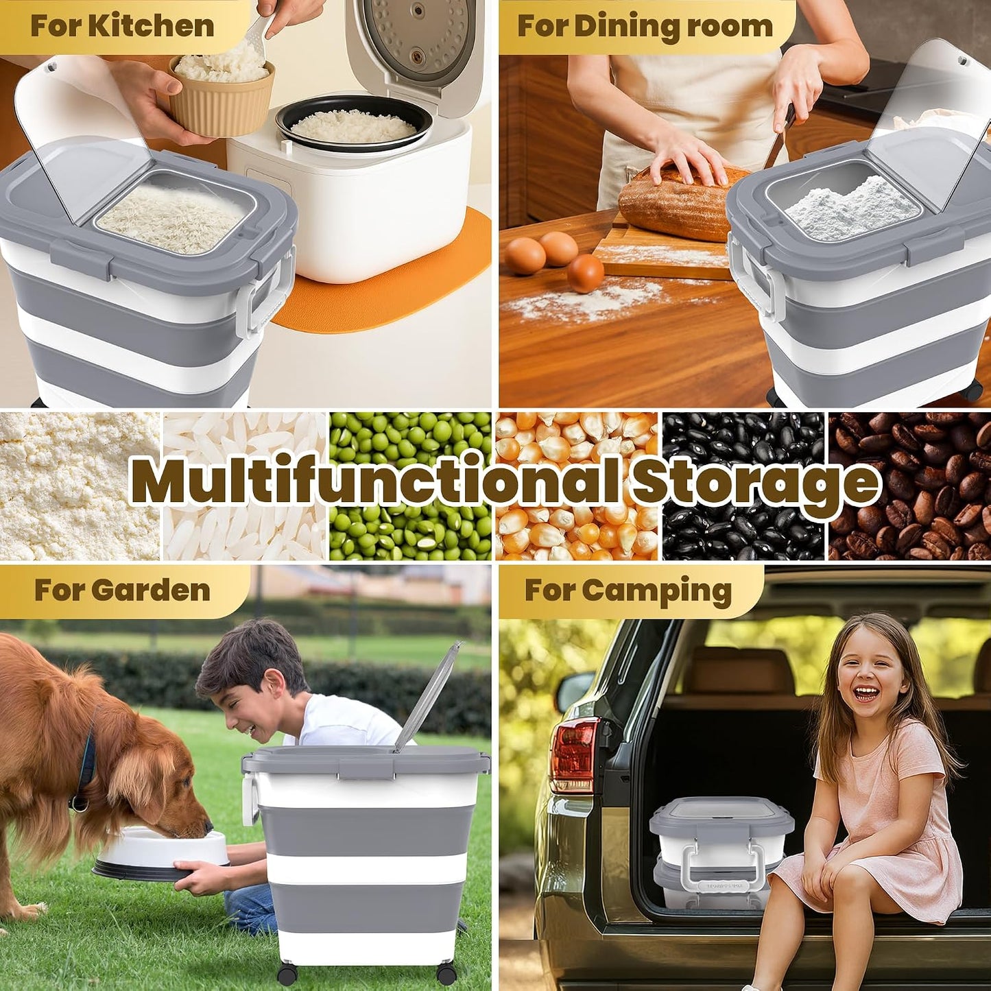 HOYTAMDA 28-40Lbs Rice Container,Collapsible Airtight Food Storage Containers with Wheels,Handle,Rice Storage Container with Small Bin and Scoop,Rice Dispenser for Flour Sugar Cereal Grain Dog Cat