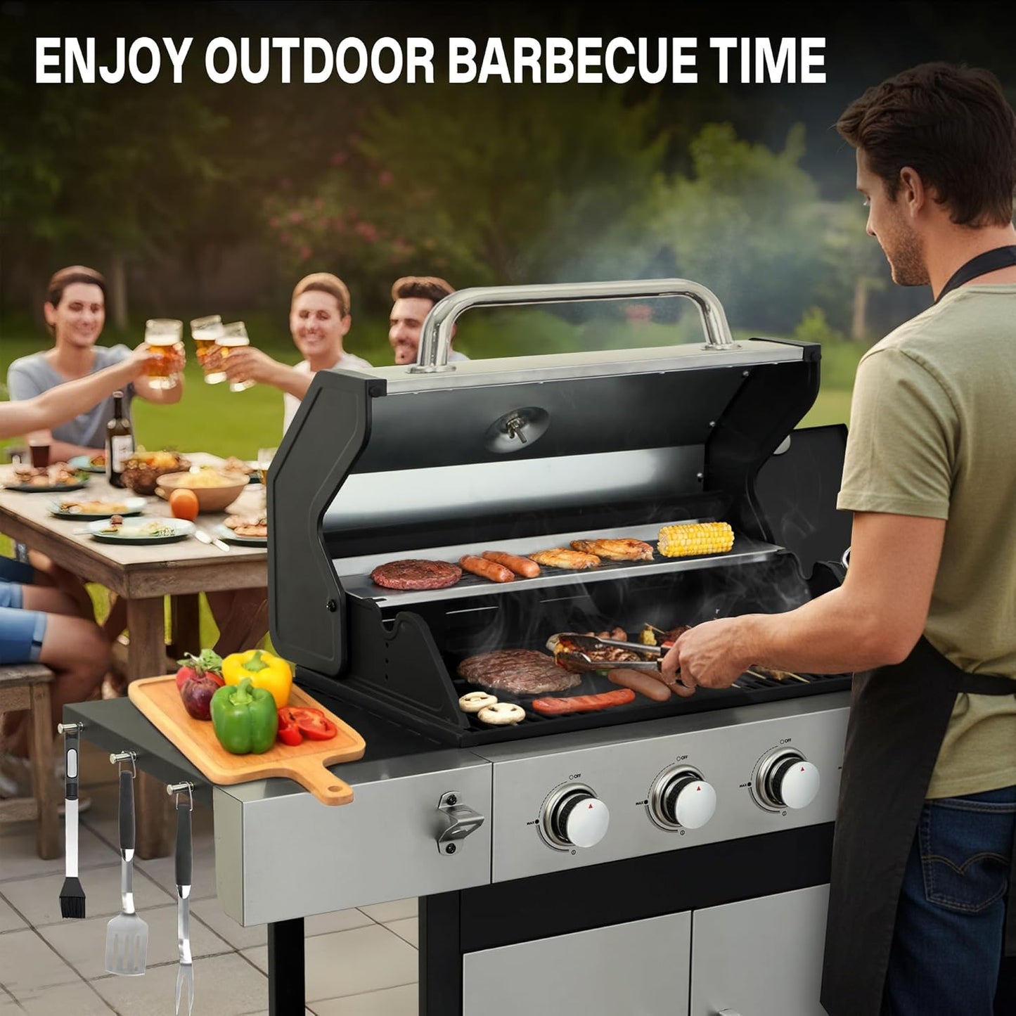 Gas Grill with Side Burner, 3-Burner Propane Grill with Porcelain-Enameled Cast Iron Grates and Double-Wall Insulated Lid, 39,000 BTU BBQ Grill with Wheels for Outdoor Cooking