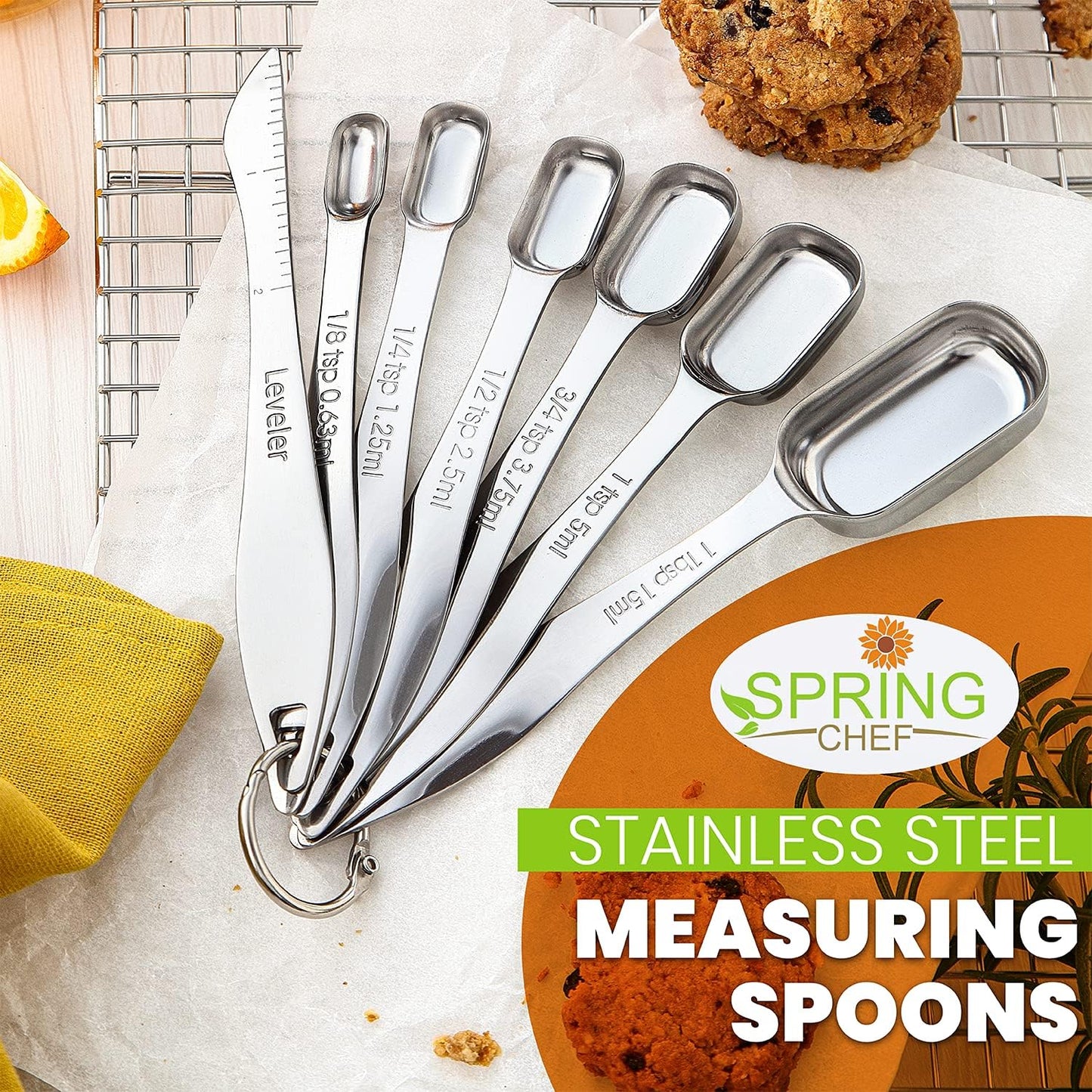 Spring Chef Stainless Steel Measuring Cups and Spoons Set of 14 with Leveler, Nesting Kitchen Metal Measuring Cups and Spoons Set for Dry and Liquid Ingredients, Perfect for Cooking & Baking
