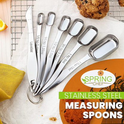 Spring Chef Stainless Steel Measuring Cups and Spoons Set of 14 with Leveler, Nesting Kitchen Metal Measuring Cups and Spoons Set for Dry and Liquid Ingredients, Perfect for Cooking & Baking