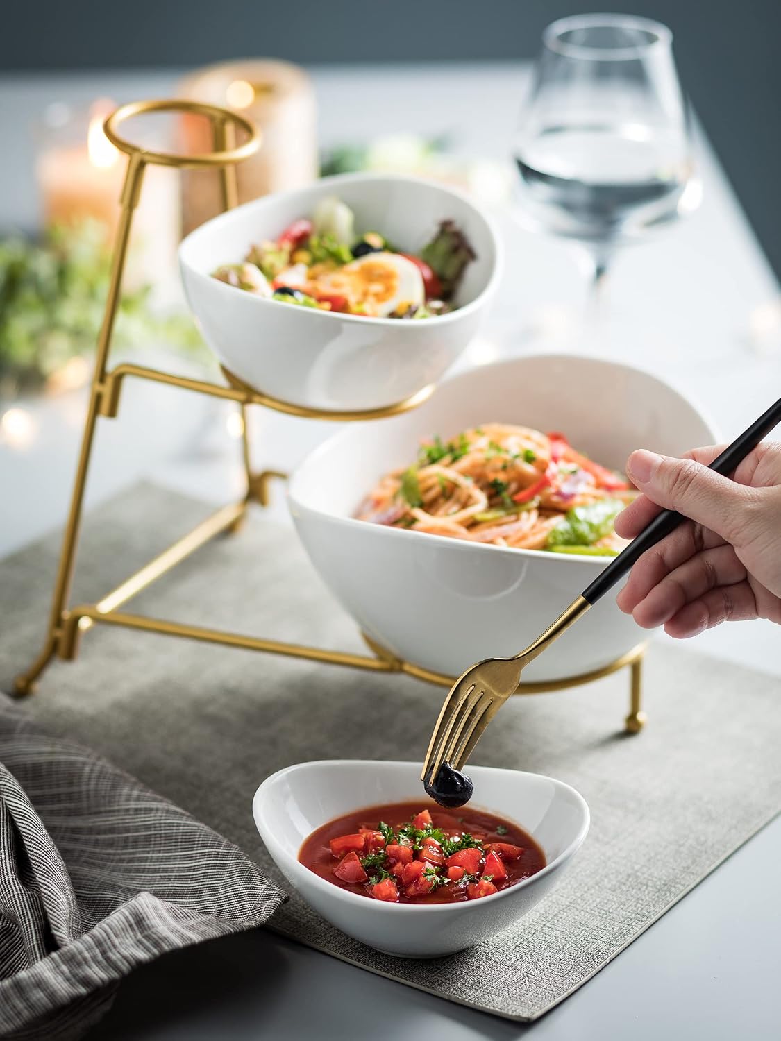 Miamolo Porcelain Serving Bowl Set for Appetizer Serving Dishes Set with 2 Compartment, Chip and Dip Taco Rack Display Salad Bar Serving Set, Gold Stand