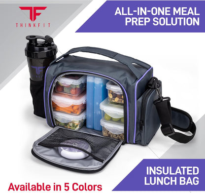 ThinkFit Insulated Meal Prep Lunch Box with 6 BPA-Free, Reusable, Microwavable, Freezer Safe Food Portion-Control Containers, Shaker Cup, Pill Organizer, Lunch Bag with Storage Pocket - (Black)