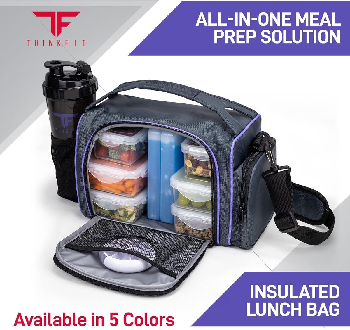 ThinkFit Insulated Meal Prep Lunch Box with 6 BPA-Free, Reusable, Microwavable, Freezer Safe Food Portion-Control Containers, Shaker Cup, Pill Organizer, Lunch Bag with Storage Pocket - (Black)